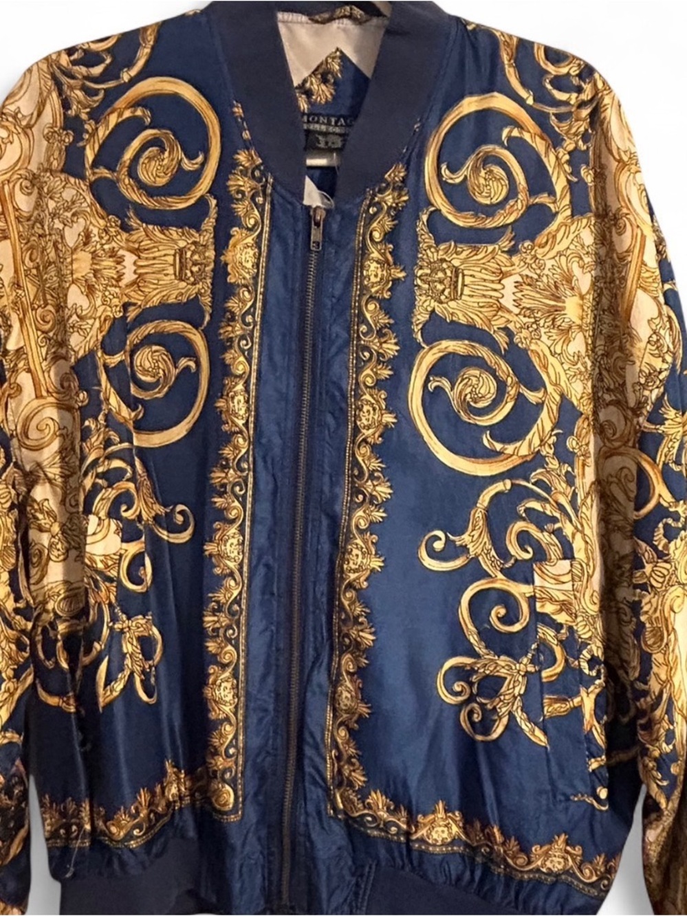 Baroque-Print Navy & Gold Bomber Jacket